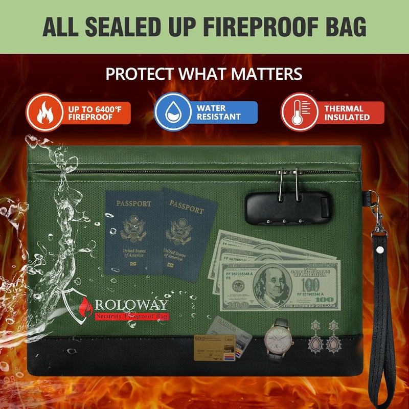 ROLOWAY Fireproof Money Bag with Lock for Cash, 6400°F Fire Proof Document Bag (12.2 x 8.5 x 1.6 inches), Money Pouch with Zipper (Green) - Image 3